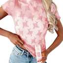 Women's Floral Sheer Mesh Lace Tops Mock Neck Short Sleeve Shirt Sexy See Through Top Y2k Blouses (XXL)