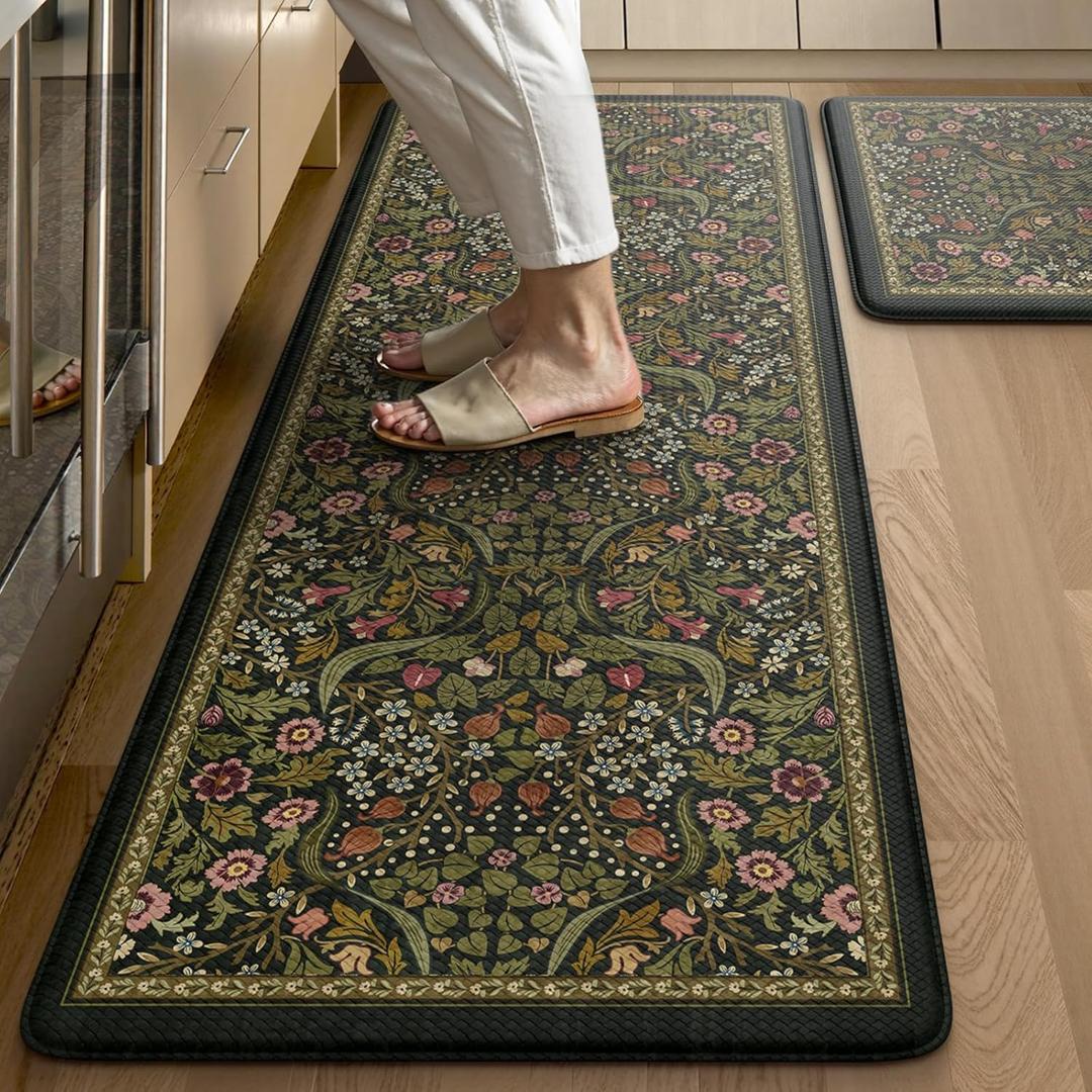 Collive Kitchen Mats for Floor 2PCS, Cushioned Anti Fatigue Rugs Non-Slip Waterproof Kitchen Sink Mat, Green Floral Standing Mat for Bar, Office, Desk, Home Decor (20"x47"+20"x32")
