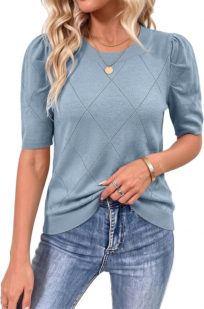 Dokotoo Women's Short Puff Sleeve Tops 2026 Crewneck Pullover Sweater | Spring, Summer, Elegant, Fashion, Casual, Crochet Tops for Women, Solid Color, Fall Outfits (Blue, XL)