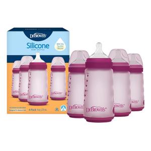 Dr. Brown's Silicone Baby Bottle with Collapsible Insert Designed to Reduce Colic, 9 oz with Wide-Neck Level 2 Medium Flow Nipple, BPA-Free, 3m+, Pink, 4-Pack