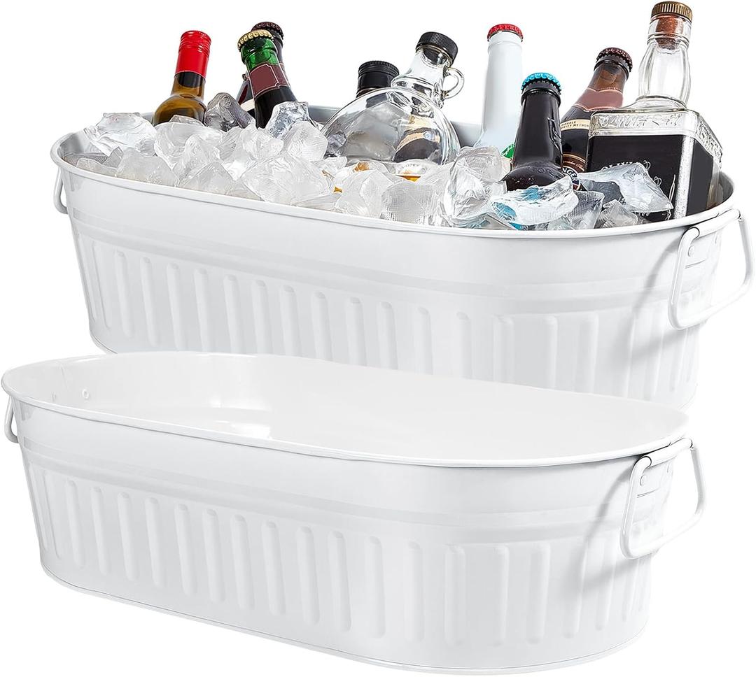 Lallisa 2 Pcs 5.3 gallons Galvanized Beverage Tub Galvanized Bucket Metal Ice and Drink Bucket with Handles Tub for Parties Farmhouse Home Pool Bar (White) (EXP 12/31/36)