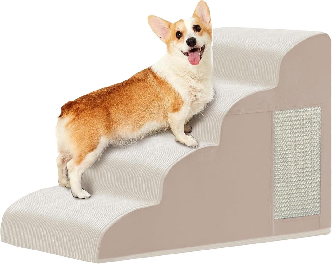 Dog Stairs for Small Dogs 19.7”H,Checked Flocking Fabric,with Cushioning Support Layer,4-Step Dog Steps for High Bed,Couch,Sofa and Chair,Non-Slip Balanced Pet Ramp Indoor, Beige