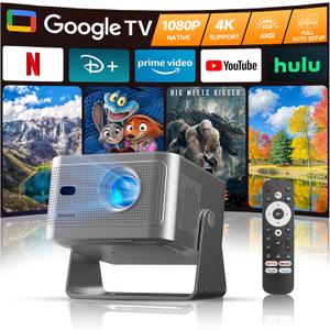 Smart Projector with Google TV, 4K Support Portable Mini Projector with Wifi and Bluetooth, Auto Focus & Obstacle Avoidance, TV Stick, 650 ANSI & Voice Control, HY350GT Home Theater Proyector Outdoor (Grey)