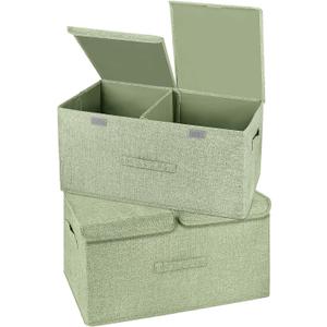 2 Pack Large Storage Boxes with Lids and Handles, Collapsible Linen Storage Bins Organizer Containers Baskets Cube with Removable Divider for Home Bedroom Closet Office (Green, Large)