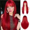 Red Long Silky Straight Wig With Bangs for Women Heat Resistant Synthetic Natural Looking Hair for Girls Daily Use Party Cosplay