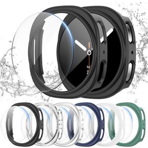 [6+6Pack] for Samsung Galaxy Watch 8 44mm Screen Protector Case, Hard PC Bumper + HD Anti-Fog Tempered Glass Protective Film, Waterproof Face Cover Set for Galaxy Watch 8 44mm Accessories (Black+Clear+Silver+Darkblue+White+Green)