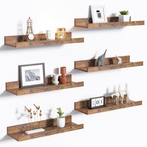 upsimples Floating Shelves for Wall, Wall Shelves for Decor Storage Set of 6, Wall Mounted Wood Shelves for Bedroom, Living Room, Bathroom, Kitchen, Picture Ledge Shelves, Brown (15.7in)