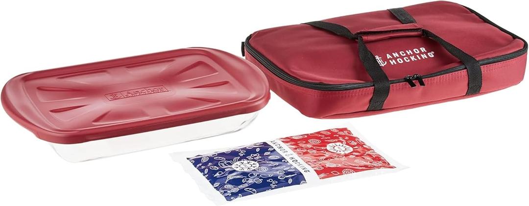 Anchor Hocking Glass Baking Dishes for Oven with Casserole Carrier, 4 Piece Set (3 Quart Glass Baking Dish, Red Lid, Red Thermal Carrier, and Hot/Cold Pack) (Small)