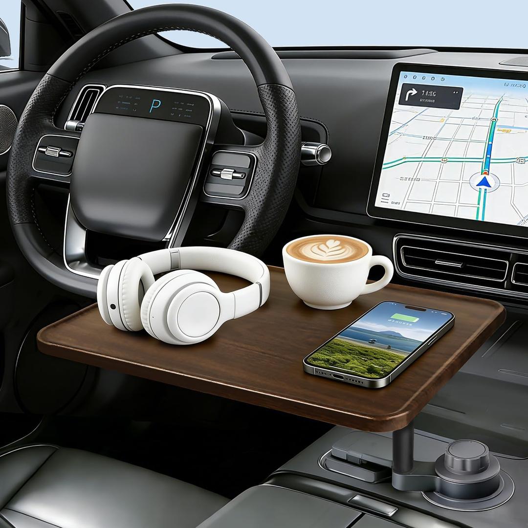 Car Desk for Laptop, 360 Rotation Cup Holder Table, Car Table & Car Food Tray for Tesla Model Y/3, F-150/Ram 1500/GMC Sierra 1500 & Most Vehicles, Car Accessories for Women & Men(Long Pole)