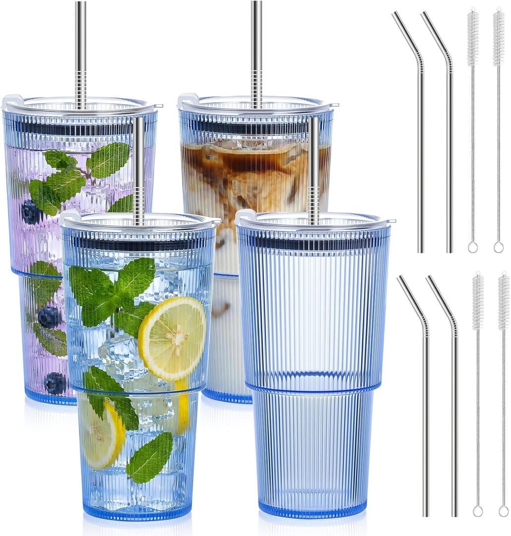 4 Pcs 20oz Acrylic Ribbed Tumblers with Lid and Straws Blue Plastic Reusable Iced Coffee Cups with Lid Unbreakable Vintage Ribbed Drinking Glasses Tumbler for Juice Smoothie Beverage with Clean Brush