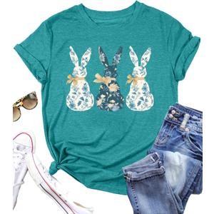 Easter Shirts for Women Cute Easter Bunny Rabbit Graphic Shirt Happy Easter Casual Short Sleeve Tees Tops (Blue, S)