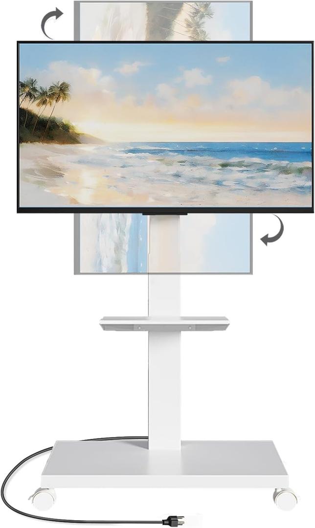 Mobile TV Stand with Power Outlet, Tilting & Swivel Rolling TV Cart for 32-75 Inch TVs, Height Adjustable Portable TV Stand with Shelf, Portrait/Landscape, 88 lbs Capacity, Max VESA 600x400mm