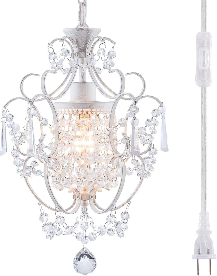Plug in Chandelier Mini Crystal Chandelier White Retro Small Chandeliers Ceiling Light for Girls Bedroom,Farmhouse Plug in Pendant Light for Kitchen Island Bathroom Dining Room Closet (Brown)