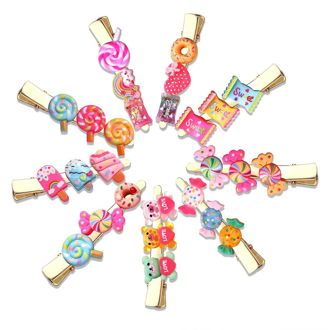 9 PCS Candy Hair Clips Novelty Colorful Lollipop Sweet Candy Bear Ice Cream Donut Hairpin Cute Fun Friendship Alligator Metal Clip Set for Birthday Halloween Holiday Party Hair Accessories Gift