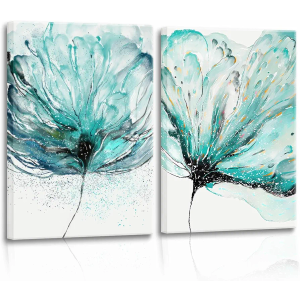 2 Pcs Frames Ink Green Modern Abstract Floral Canvas Wall Art Scandinavian Watercolor Flowers Home Decor Botanical Flowers Wall Art Painting Picture Poster Prints Living Room Bedroom Bathroom Office