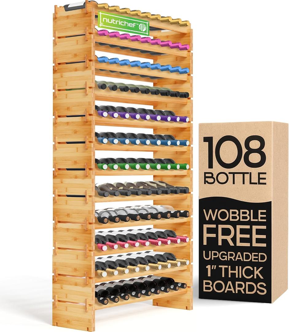 NutriChef 108 Bottle Wine Rack Stackable Bamboo Freestanding, 12 Tier Modular Shelf, Sturdy Wobble Free Upgraded 2026 Design, Easy No-Tool Assembly for Kitchen Cellar or Bar Storage 33.5" x 10" x 63, 33.5" x 10" x 62.75"