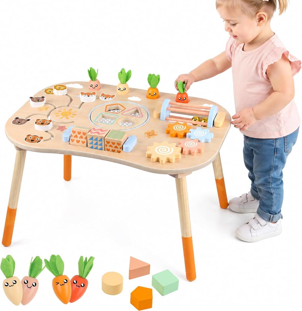 Wooden Activity Table, 6-in-1 Montessori Activity Table for Toddlers, Activity Center for Babies Aged 1–3, Sensory Toys, for Boys and Girls 1+ Years Old