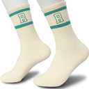 Forest Green and White Striped Crew Socks with the Letter Classic Varsity Sports Style Monogram Socks (Beige)