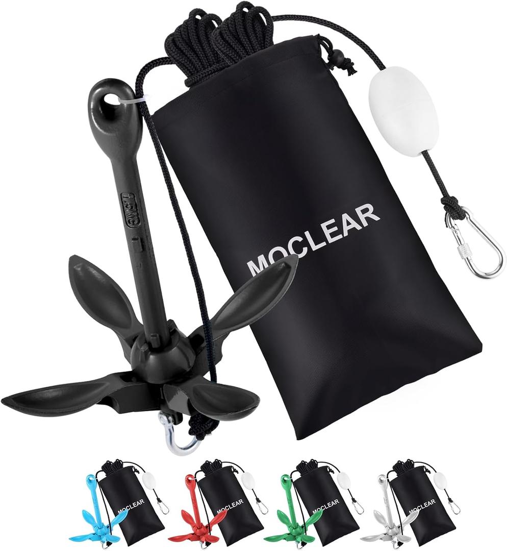 Kayak Anchor Kit, 1.5/3.5 lb Compact Folding Grapnel Anchor for Kayaks, Canoes, SUPs, Jet Skis, Small Boats - Lightweight Portable Marine Boat Anchor with Rust-Resistant Design (Black)