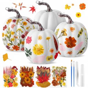 Leinuosen 104pcs 6.3'' Large DIY Fall Foam Pumpkin Craft Kit 4pcs White Foam Artificial Pumpkins Art and 100pcs Dried Flower for Girl Night Craft Fall Club Activity Thanksgiving Decor(Brown Leaves)