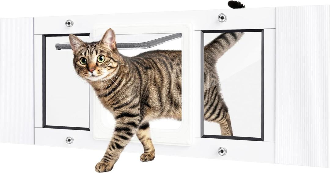 Cat Door for Window Weatherproof: Aluminum Frame Flap Pet Door Fit Window Insert - Easy Adjustable to Quick Fit Windows Width 31"-36" - 4 Secure Lock Modes with Magnetic Closure for Cats Dog