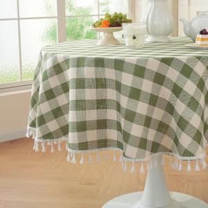 Laolitou Green Checkered Spring 60" Round Tablecloth (Fits 30-48" Table) Washable Buffalo Plaid Table Cloth with Tassel Cotton Linen Gingham Table Cover for Home Decor, Green, Round
