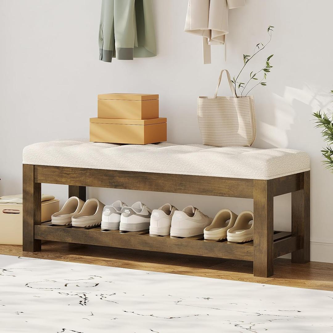 Large Upholstered Ottoman Bench Entryway Storage Benches Tufted Linen Ottoman Bench with Solid Wood Shelf Padded End of Bed Bench for Bedroom Living Room Hallway Decor (Brown)