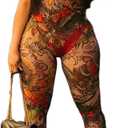 ksotutm Sexy Jumpsuits for Women Mesh Print Short Sleeve Bodycon Jumpsuit (Small, Red)