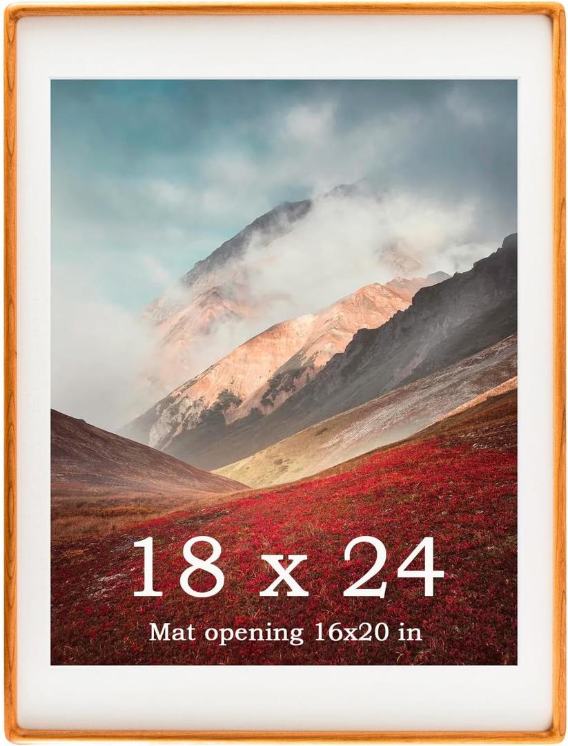 18x24 Frame Natural, Solid Cherry Wood 18 x 24 Poster Frame with Mat for 16 x 20 Image, Wall Gallery Mounting 24 x 18 Inch Large Picture Photo Frame
