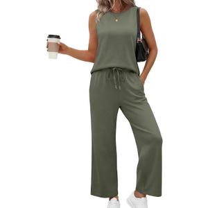 SAMPEEL Two Piece Sets for Women Summer Outfits Beach Vacation Clothes Wide Leg Crop Pants (Green, L)