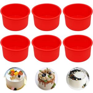 Silicone Cake Mold Baking Pan Round 4 Inch Non-Stick Bakeware Pan Reusable Cake Pan, Red, Set of 6