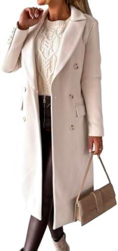 IDEALSANXUN Womens Long Wool Coat Double Breasted Trench Coat Fall Winter Clothes, Size L, Beige
