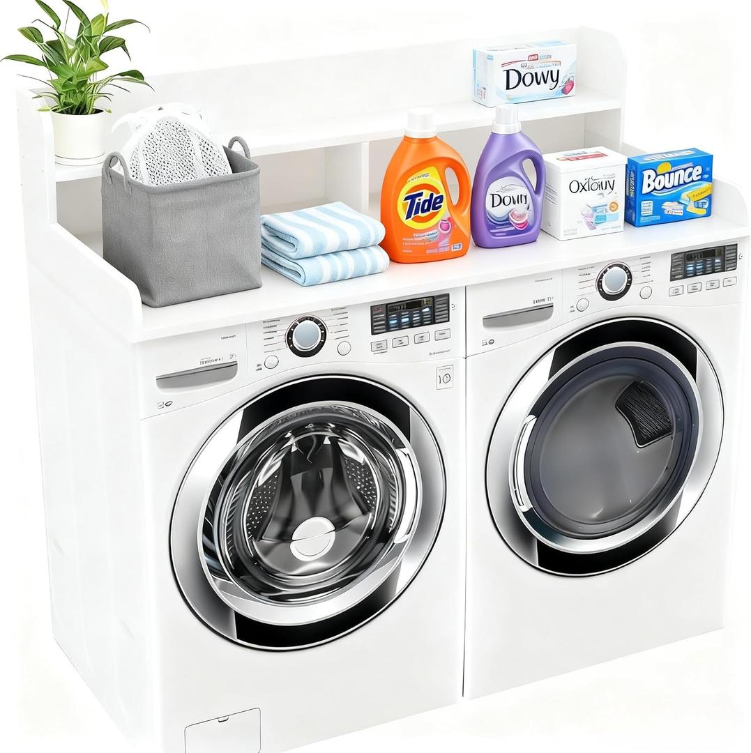 NAT Maya 2-Tier Washer and Dryer Countertop, 54" W x 27.6" D Laundry Room Organization,Washer Dryer Topper Storage for Folding Clothes Over Washer and Dryer-White, Extra Large