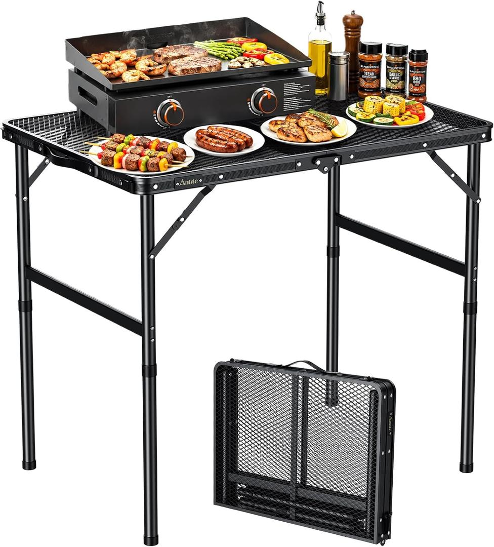 Anbte 3ft Folding Camping Grill Table Max 27.5", 2 Adjustable Height, Black, 35"L x 21.6"W x 27.5"H