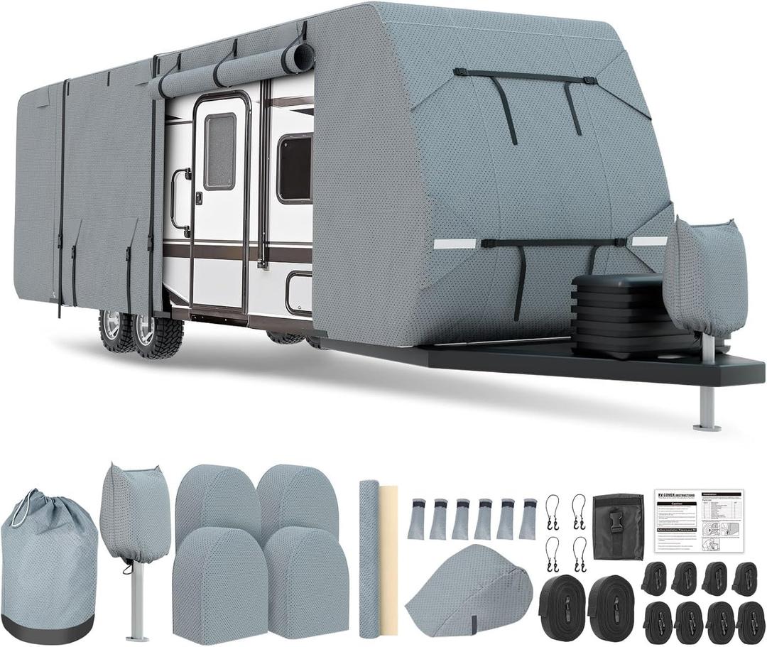 Windproof RV Cover for 20'-22' Travel Trailer, Upgraded 8 Layers Top UV Resistant Waterproof Camper Cover with 4 Tire Covers & Tongue Jack Cover, Extra Windproof Ropes
