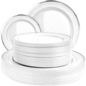 Aya's 100 Silver Rimmed Disposable Dinner and Dessert Plates Set - 50 Large and 50 Small Heavy Duty Plastic Plates - Elegant Design for Weddings, Parties, Events - Durable and Stylish