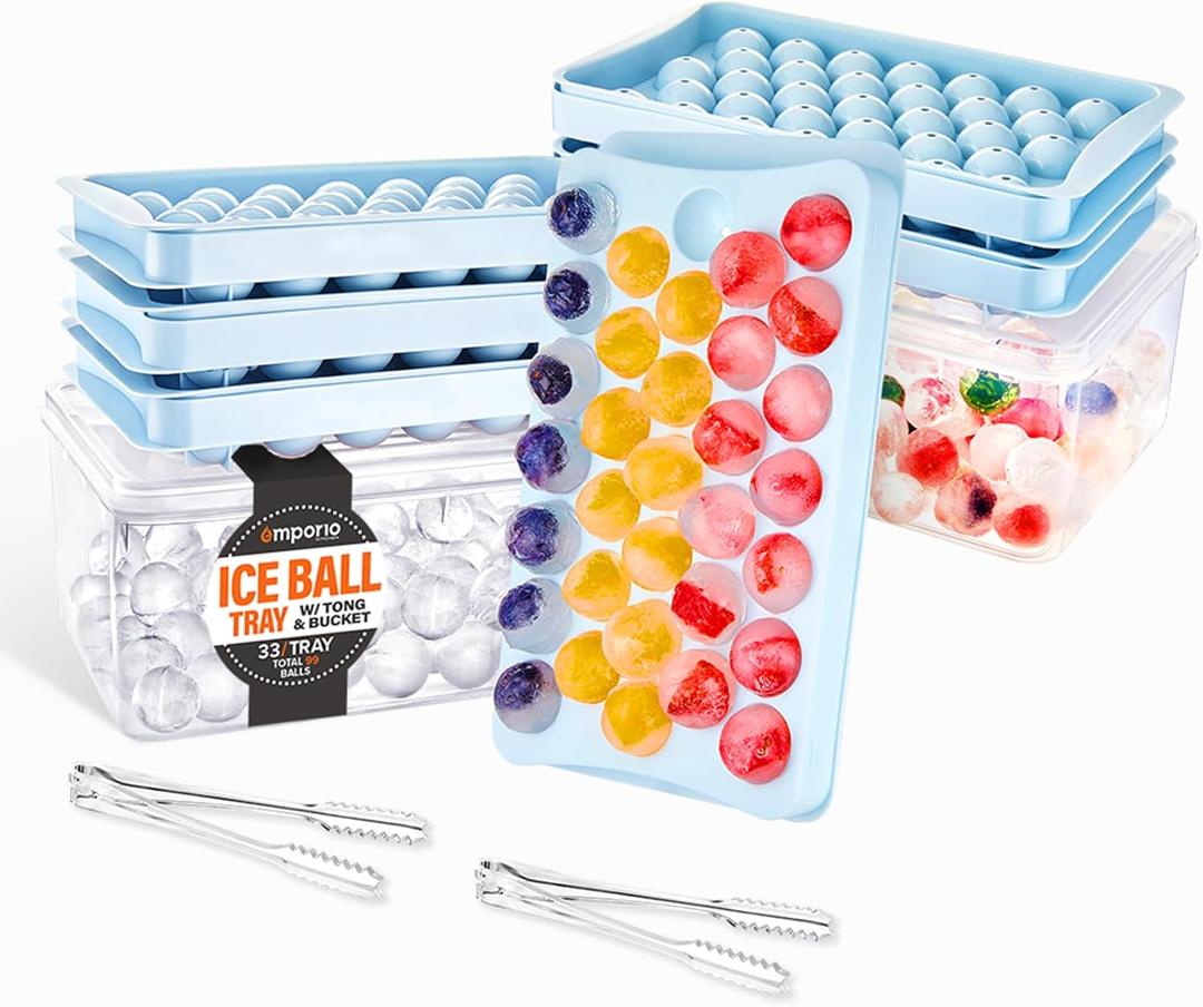Round Ice Cube Tray with Lid and Bin  Creates 198 Ice Balls (1.1 Inch Size), Stackable Ice Cube Trays, Easy-Release Ice Balls for Drinks and Cocktails, Pack of 2 (6 Trays), Blue