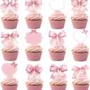 2 x 36Pcs Pink Bow Cupcake Toppers, Sweet Bow Cupcake Decorations, Single Bride Engagement Wedding Girls Baby Shower Party Supplies