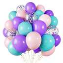 RUBFAC 60pcs Mermaid Balloons with Latex Confetti, Light Pink Purple Blue with Ribbons for Birthday Party Decorations Mermaid Party, Pack Of 4 