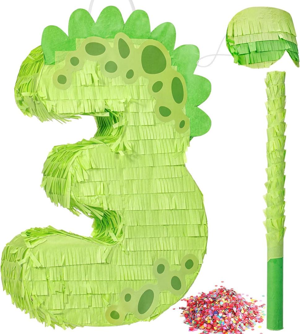 Poen 16 Inch Dinosaur Piñata Number 1 2 3 4 5 6 7 8 9 for Kids Birthday Party Cute Dino Piñata with Blindfold Stick and Confetti for Boys Girls Dinosaur Birthday Animal Theme Baby Shower Decor(3)
