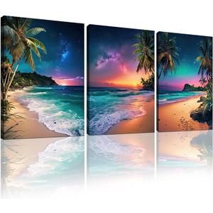 Weiyiart Beach Sunset Wall Art Ocean Print Art Tropical Canvas Wall Decor 3 Panels Northern Lights Aurora Polaris Nature Landscape Painting for Modern Bathroom Living Room Bedroom Office 12"x16"x 3 pcs