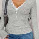 Verdusa Women's Plus Size Lace Basic Tees Long Sleeve Shirts Button Up Trendy Fall Tops (X-Large Plus, Grey)