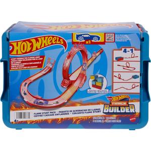 Hot Wheels Toy Car Track Set, Track Builder Playset Flame Stunt Pack with 16 Component Parts & 1:64 Scale Vehicle in Modular Storage Container