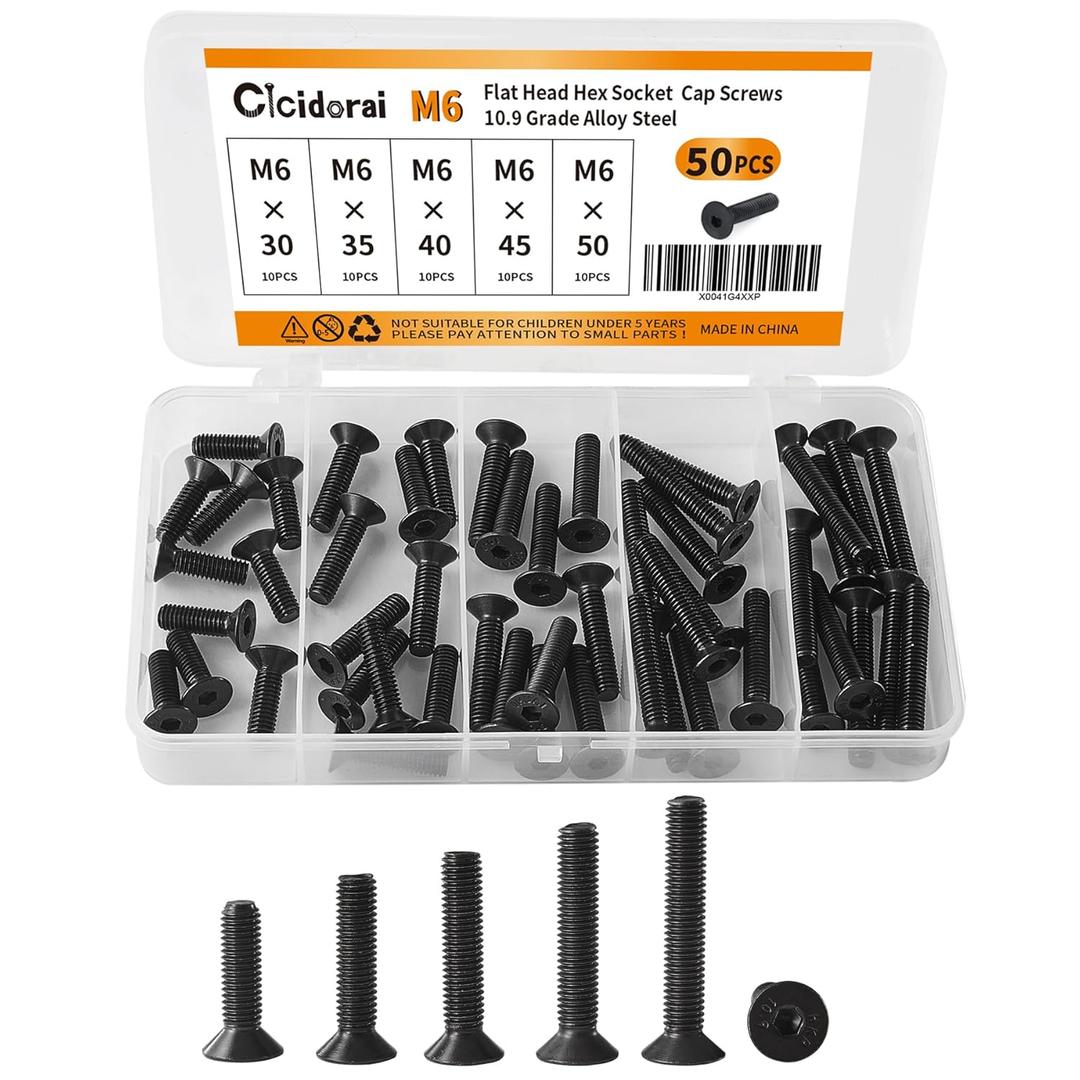 M6 x 30mm 35mm 40mm 45mm 50mm Flat Head Hex Socket Cap Screws Countersunk Bolts, 10.9 Grade Alloy Steel, Black Oxide Finish, Fully Threaded, Metric Allen Hex Drive, Assortment Kit 50Pcs