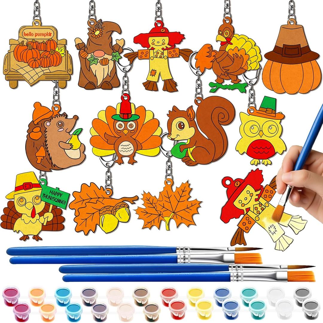 delaimastor 24Pcs Thanksgiving Turkey Craft Wood Color Your Own Keychains DIY Wooden Fall Turkey Keychains Crafts Kits for Thanksgiving Party School Home Active Favors Gifts (yellow)