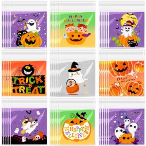 FEBSNOW 450pcs Halloween Candy Bags, 9 Styles Self Adhesive Trick Candy Bag Cellophane Cookie Bags for Halloween Trick or Treat Goodie Ziplock Bags Party Favor (Color Set 8)