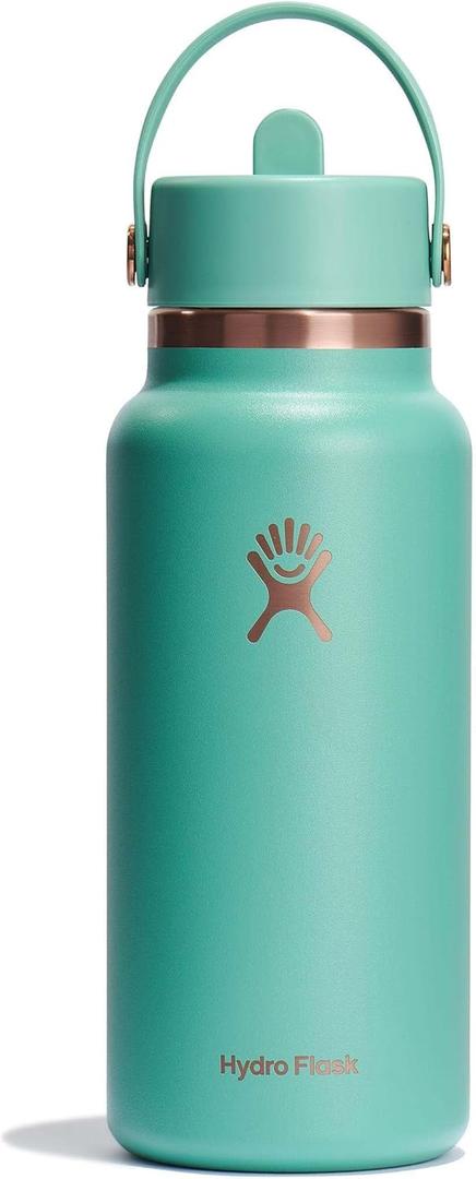 Hydro Flask Water Bottle - Insulated Stainless Steel - Wide Mouth Flex Straw Lid, Non Spill, Leakproof and Refillable in 32 Oz Thyme Rose Gold