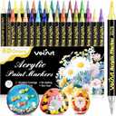 VOKART 60 Colors Acrylic Paint Markers - 30 Dual Brush Tip Paint Pens Including 2 Metallic Colors for Rock, Canvas, Fabric, Wood, Glass, Ceramic - Art Supplies for Artists, Kids, DIY & Holiday Decor