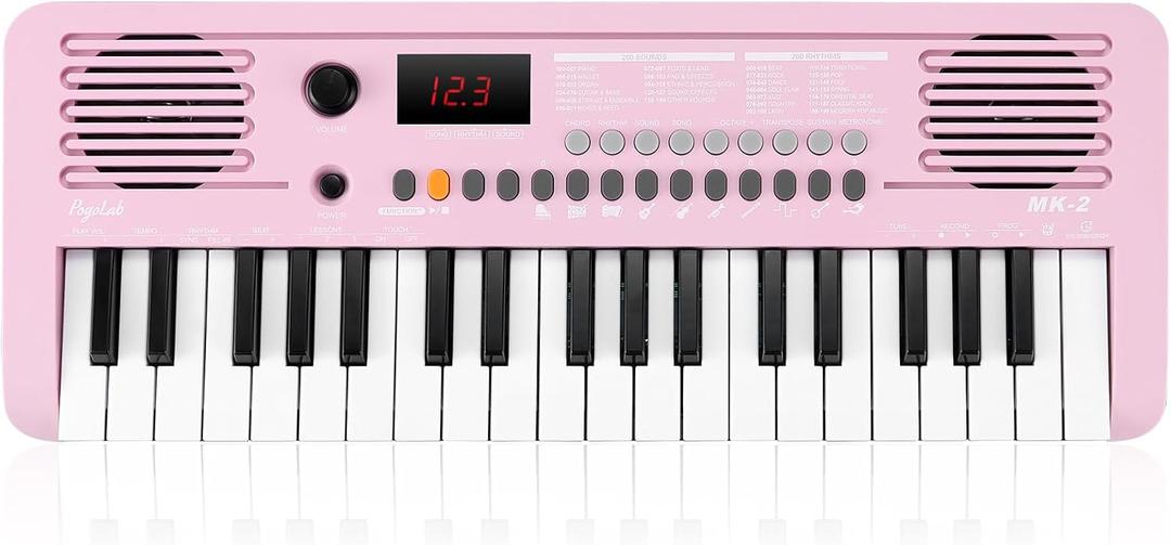 POGOLAB MK-2 37 Keys Kids Keyboard Piano, Portable Small Keyboard with 40 Songs, 200 Sounds, with MIDI Function, LED Display & Dual Speakers, Compact Mini Music Piano for Kids/Beginners (Pink)