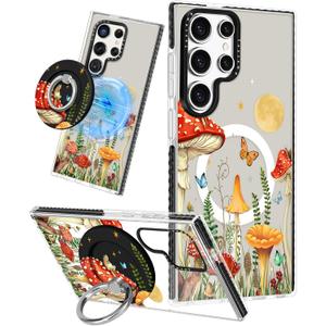 for Samsung Galaxy S24 Ultra Case for Women - Girls Cute Design Compatible with Magsafe Magnetic Ring Holder Stand Mushrooms Butterflies Phone Covers Aesthetic Girly TPU Funda for S24 Ultra